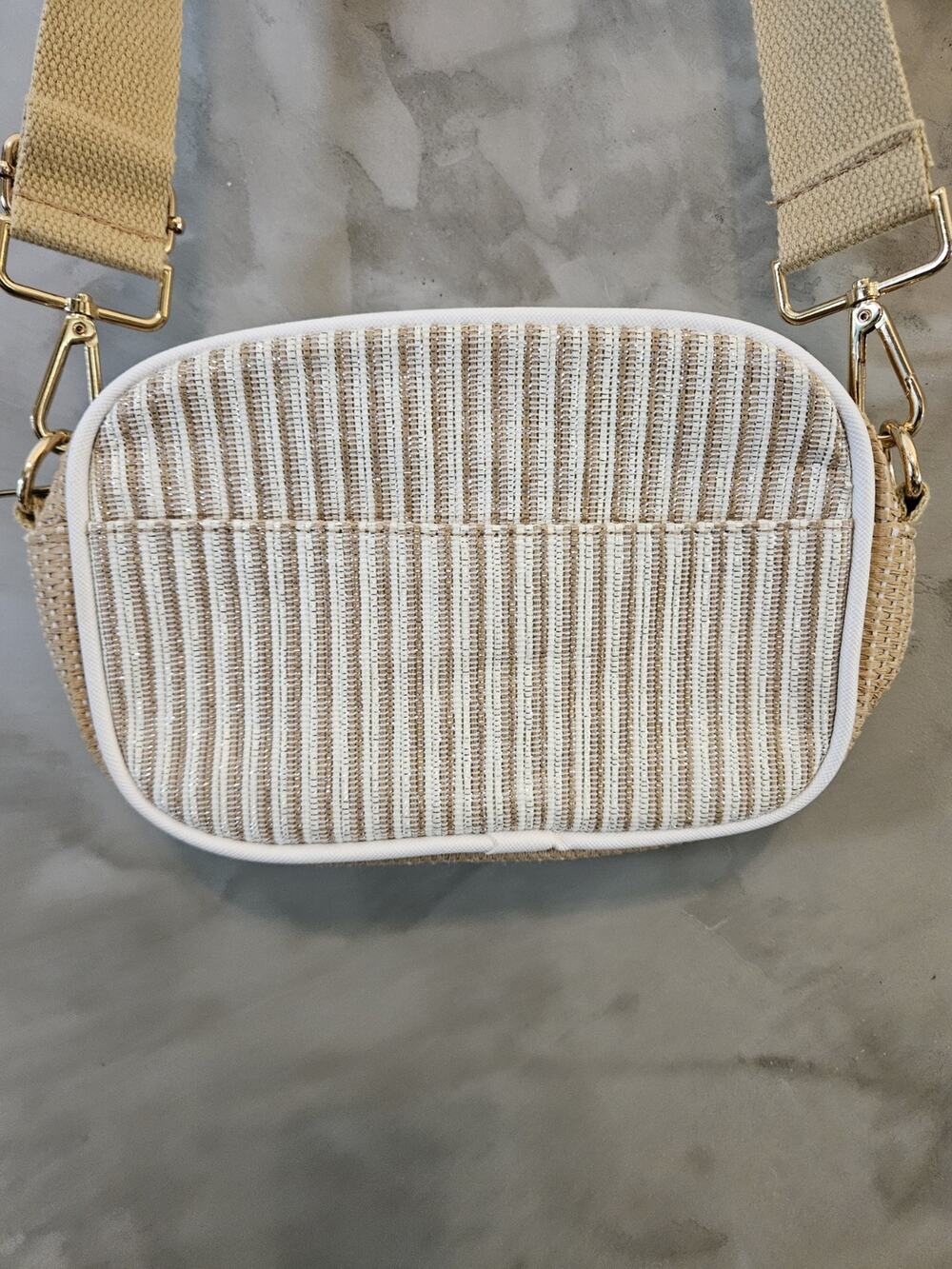 Beige and Gold Woven Straw Crossbody Bag Zip Closure Adjustable Strap